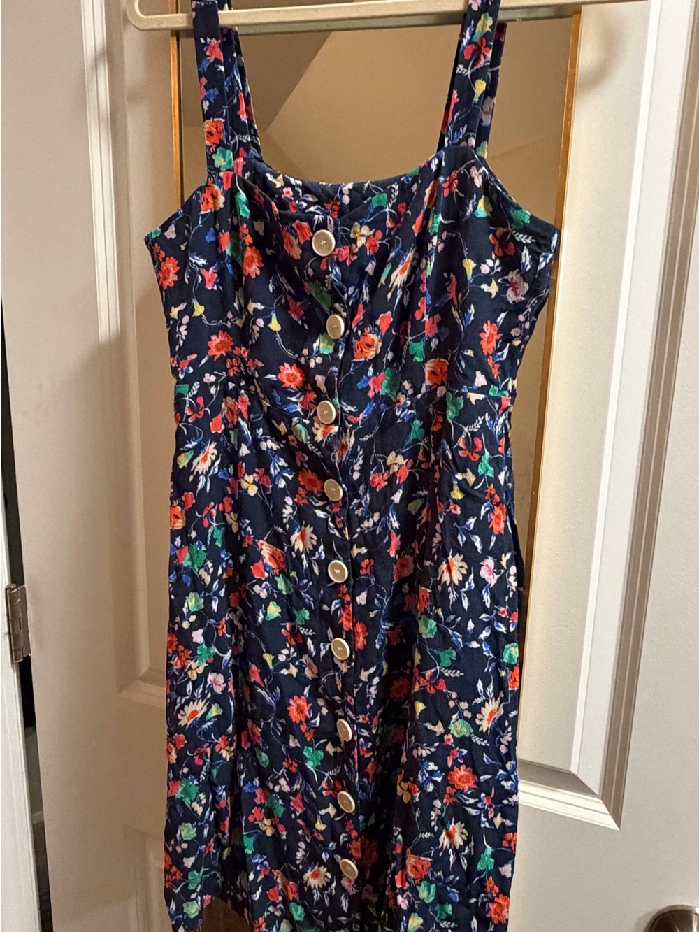 Sezane Navy Floral Button-Front Sundress with Red, Green, White Details - Picture 2 of 3
